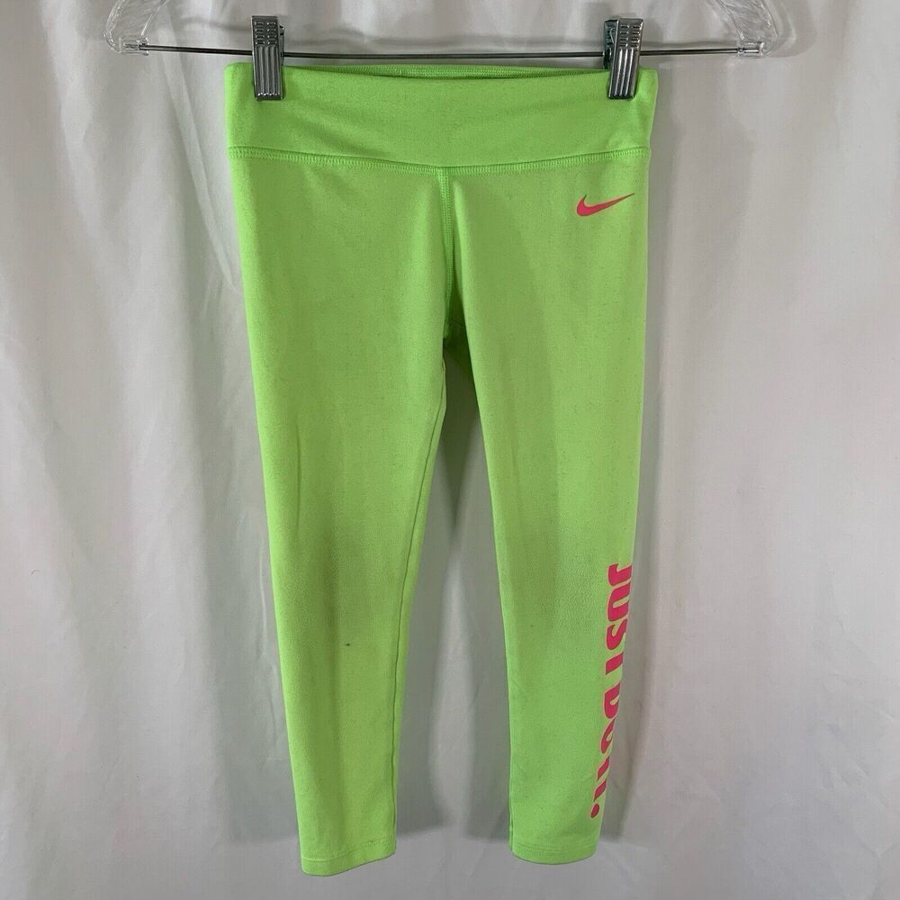 Nike Leggings Girls 6 Lime Green Pink Print Pull On Dri-Fit Just Do It Stretchy